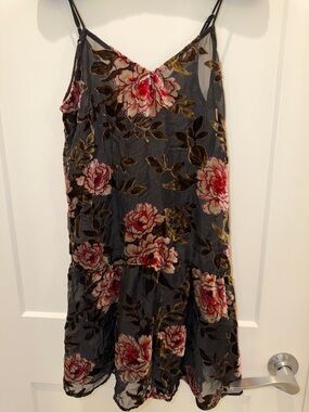 American Eagle Outfitters Black Slip Dress with Rose Floral Burnout